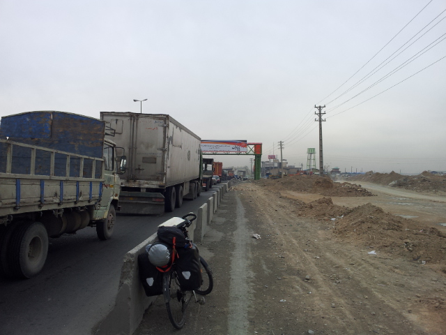 The road out of Tehran - bumper to bumper lorries.