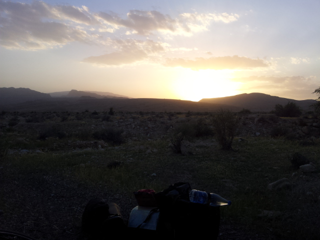 The Sun going down the night before reaching Bandar E Abbas. The best camping spot of my tour in Iran just before putting up the tent and showering.